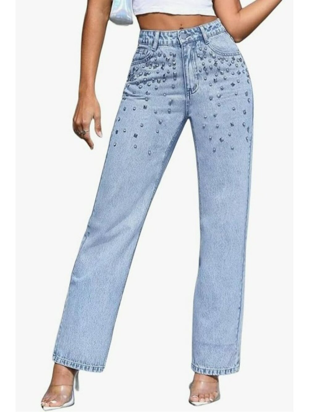 Studded Denim Jeans Rhinestone Details Size M High-Waisted Straight Leg - Picture 16 of 16